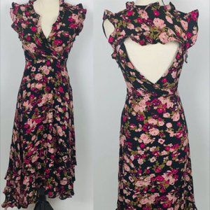 Anthropologie Floral Ruffle Dress - Black and Pink